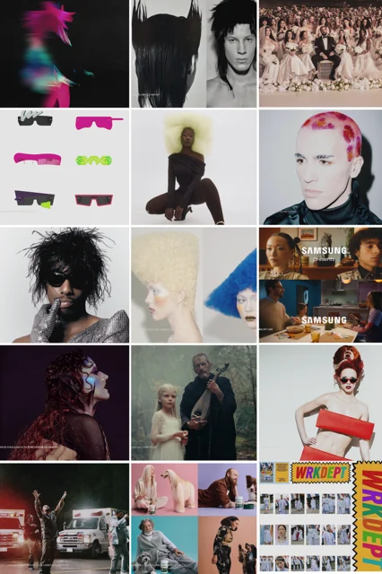 Portfolio contact sheet: sculptural avant-garde hairstyling, coloured wigs, custom eyewear design, group editorial, and Samsung campaign stills by Glammy Lee