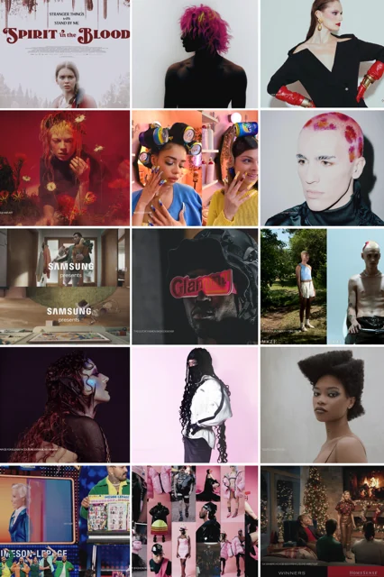 Portfolio contact sheet: Spirit in the Blood film poster, magenta shag and braided hair looks, hair-roller beauty editorial, Samsung and Winners campaign frames by Glammy Lee